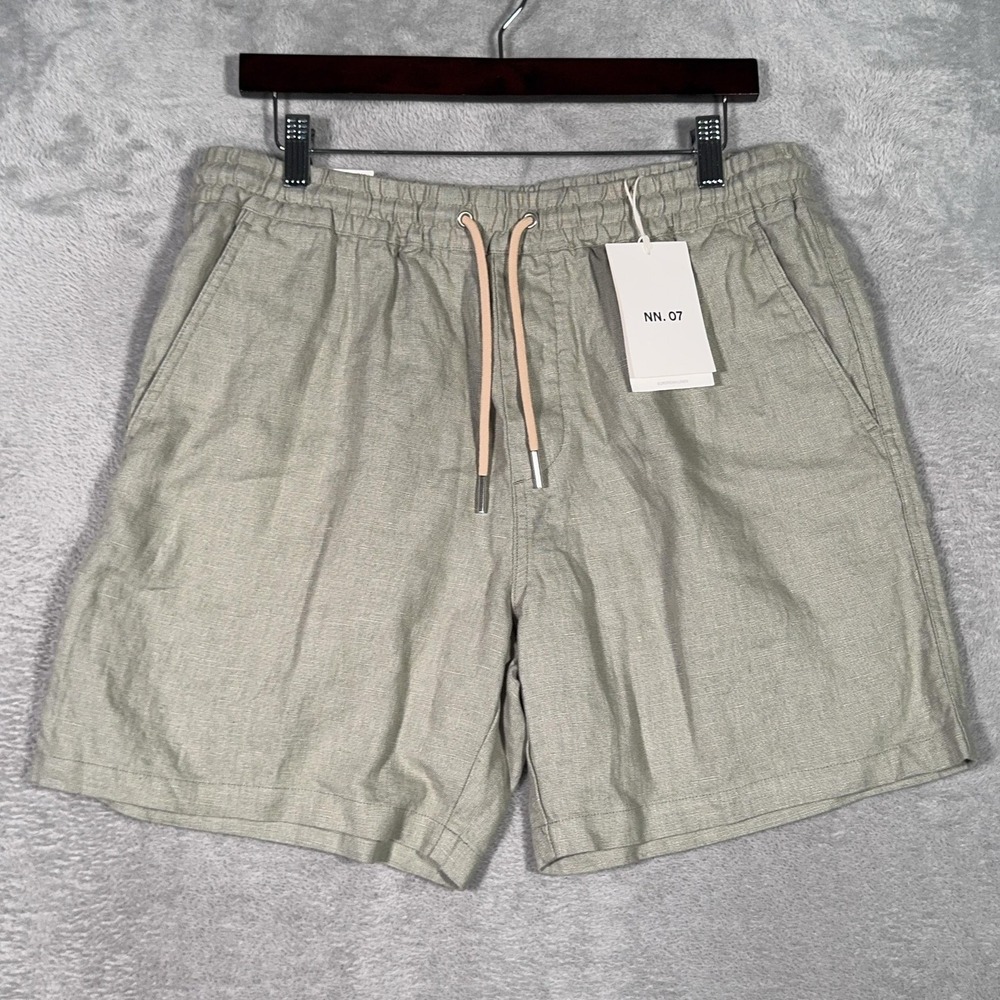 NN.07 Shorts Mens M Sage Green Gregor Linen Drawstring Chino 6 Inch Elastic